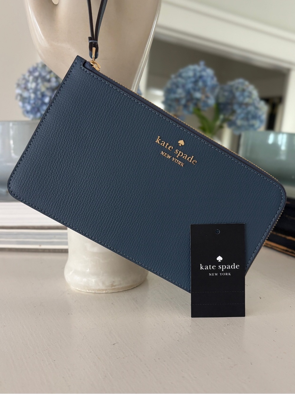 Kate Spade Lucy Refined Grain Leather Zip Wristlet Bluestone